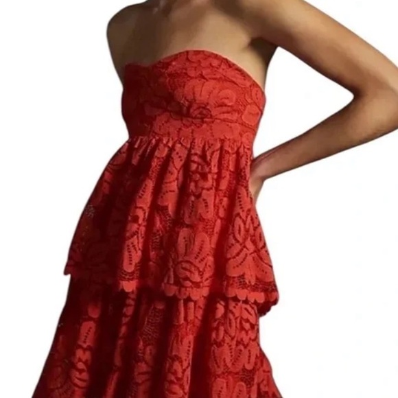 NWT ANTHRO MAEVE RED ORANGE LACE TIERED LINED MINI DRESS M - Picture 1 of 5